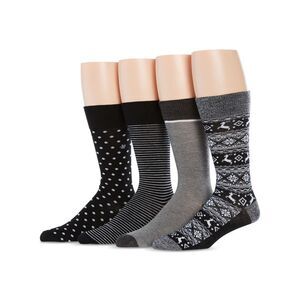 PERRY ELLIS Mens 4 Pack Black Printed Novelty Crew Socks